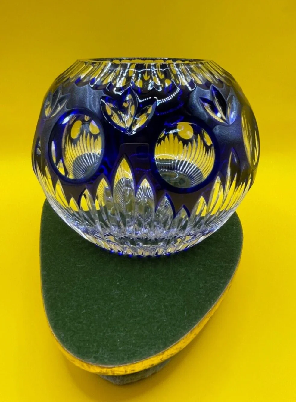 Exquisite Cobalt Blue Cut To Clear Round Crystal Votive Vase 4.5 inches